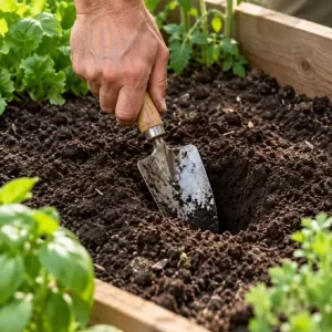Mano usando una pala de jardín para preparar la tierra de una mesa de cultivo