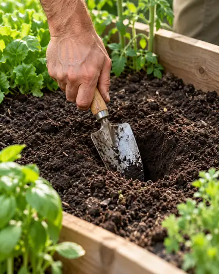 Mano masculina haciendo un agujero con una pala de jardín en una mesa de cultivo