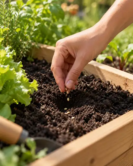 Mano femenina depositando semillas en un agujero de la tierra de una mesa de cultivo