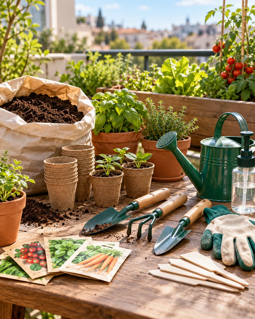 Kit para iniciarse en el huerto urbano con sustrato, herramientas, semillas y plantones