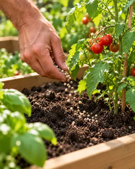 Mano masculina esparciendo fertilizante granulado alrededor de una planta de tomates cherry en una mesa de cultivo
