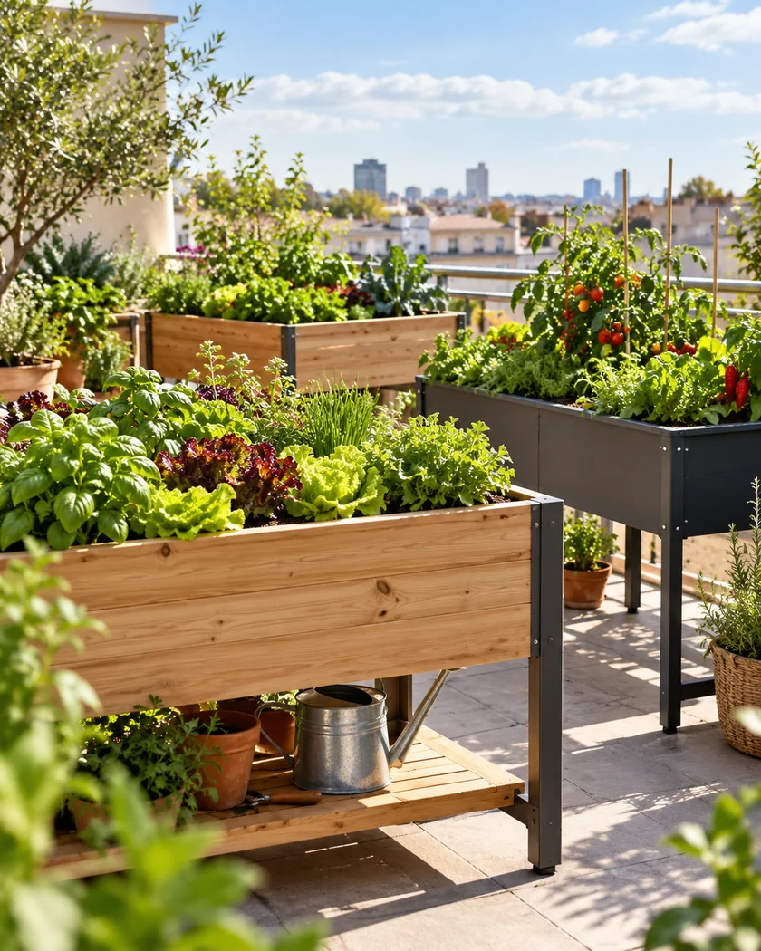 Mesas de cultivo elevadas con hortalizas en una terraza urbana soleada